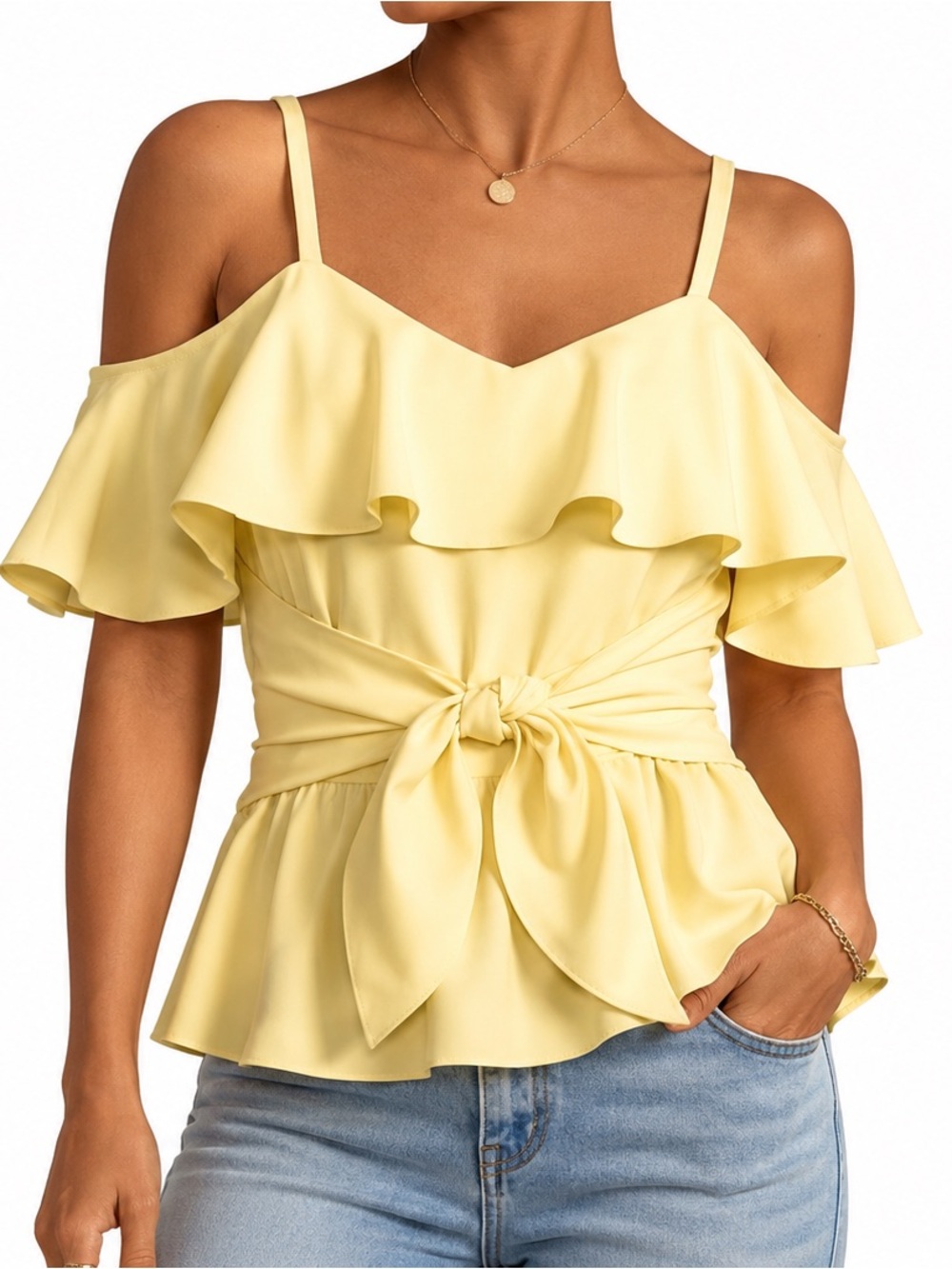 NWT Club Monaco Akua Cold Shoulder Ruffle Peplum Top Amarillo Yellow Sz 00